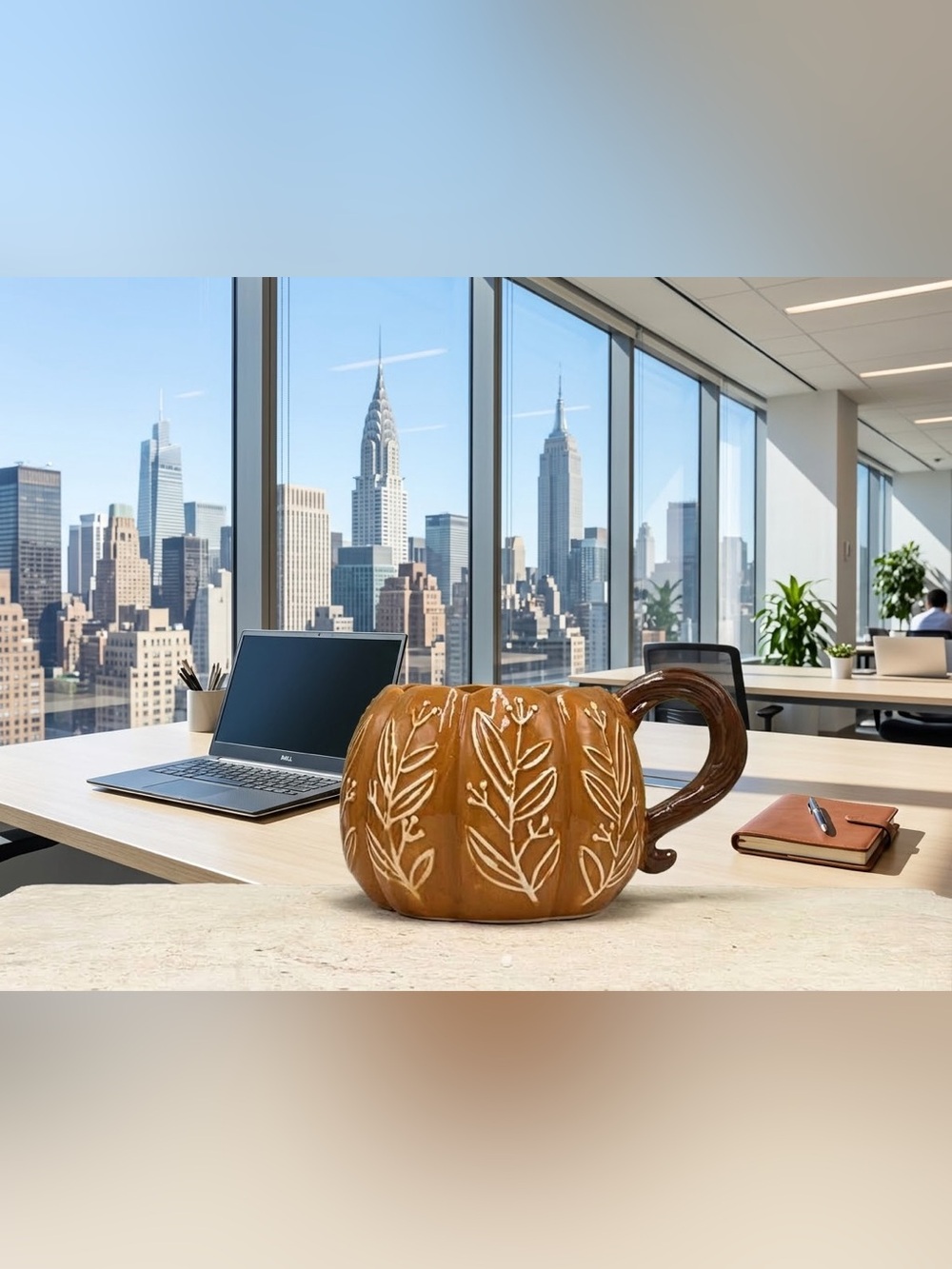 Sage & Scarlet Ceramic Pumpkin Mug, 16 oz Embossed Botanical Leaf Coffee Cup